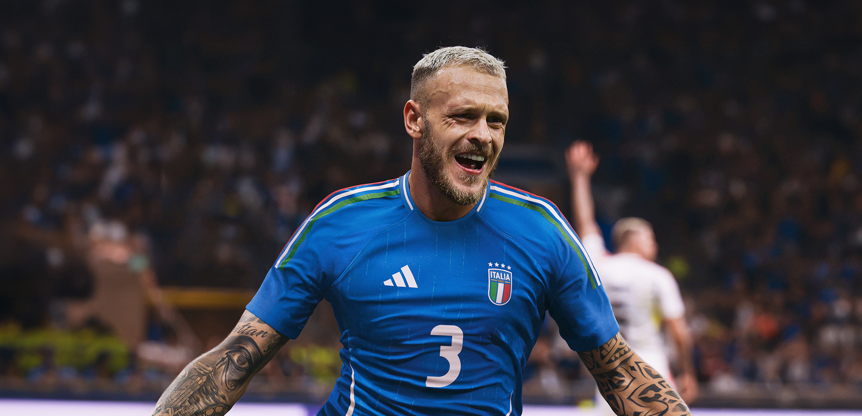 Visual composition featuring the new Italy EURO 2024™ HOME Kit worn by a Player