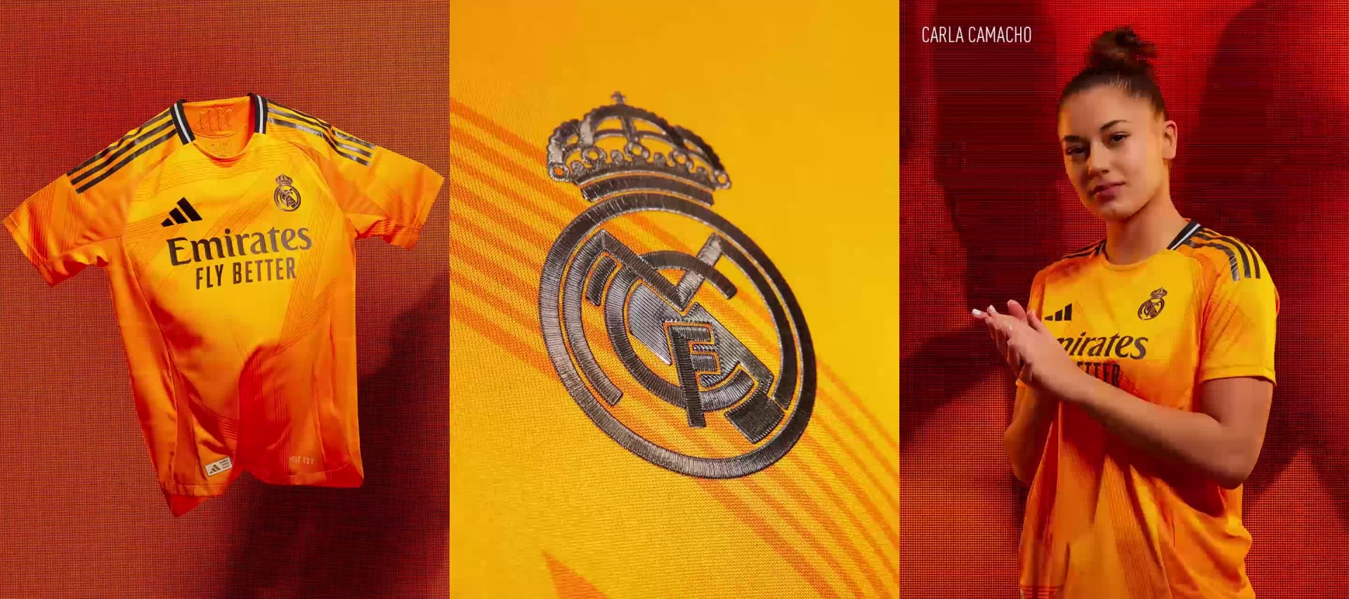 Visual composition featuring male and female players wearing the new Real Madrid 24/25 Away Kit