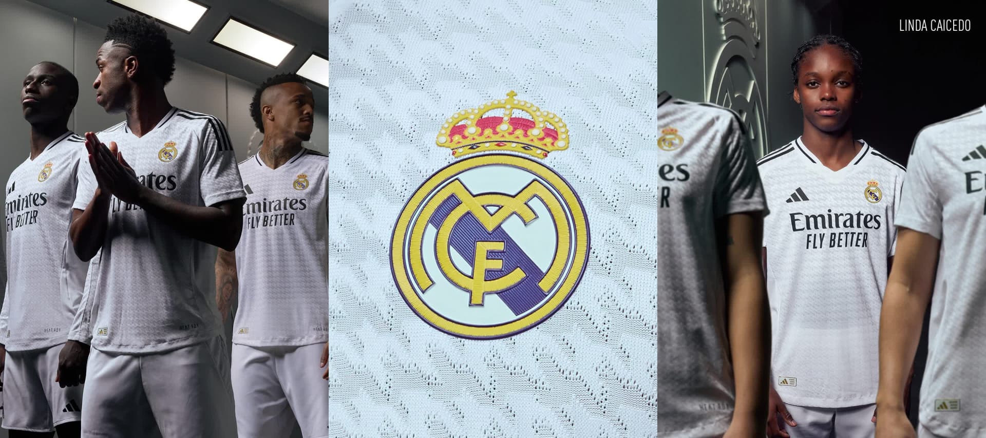 Visual composition featuring male and female players wearing the new Real Madrid 24/25 Home Kit