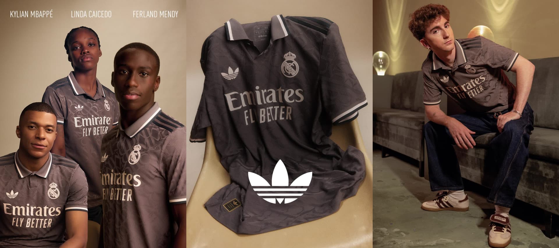 Visual composition featuring male and female players wearing the new Real Madrid 24/25 Third Kit